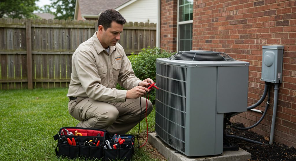 HVAC technician conducts AC unit maintenance in Cleveland residential backyard.