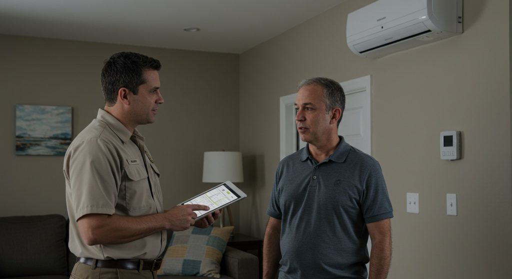Homeowner consults with HVAC technician about AC maintenance options in Cleveland living room.