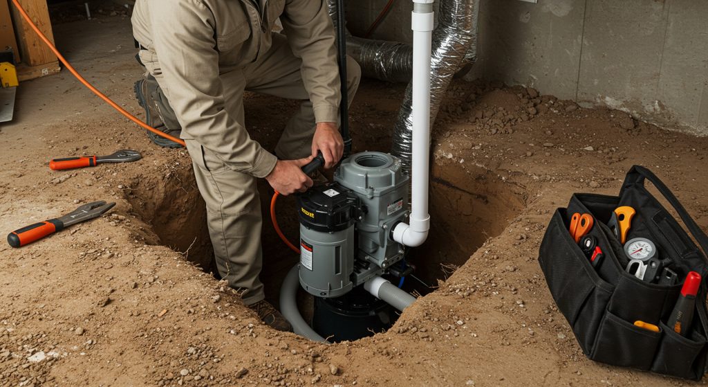 Plumbing technician installs sump pump system in Cleveland home basement.