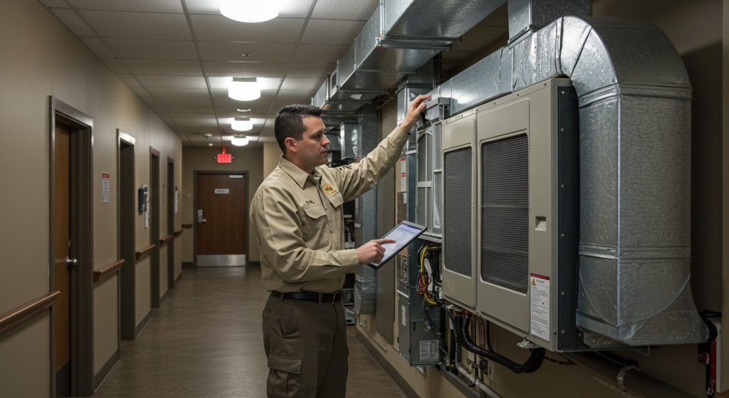 HVAC technician performs maintenance on shared HVAC system in Cleveland condo building.