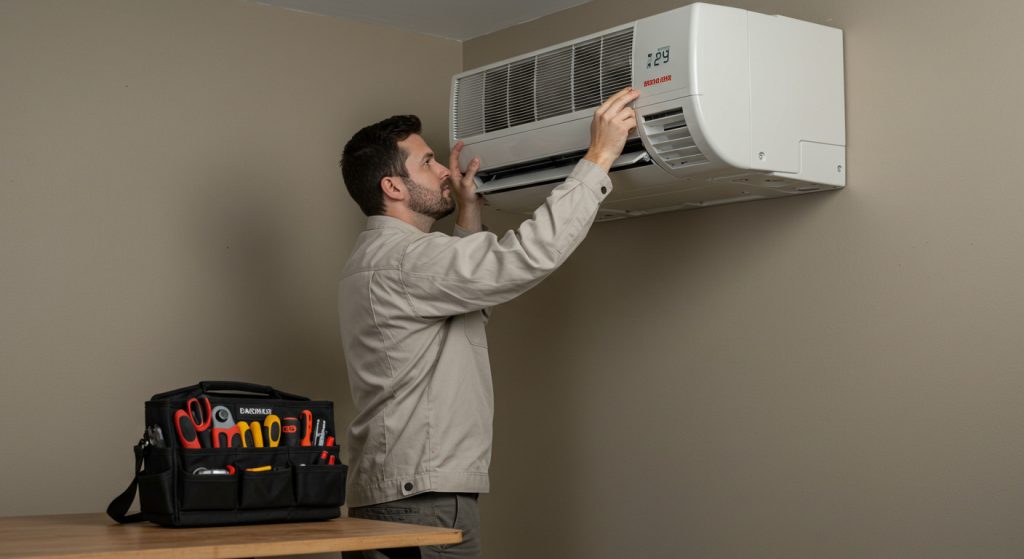 HVAC technician installs wall-mounted mini split AC unit in Cleveland home living room.