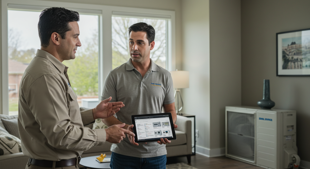 Homeowner consults with HVAC technician on 3-zone mini split installation cost in Cleveland living room.
