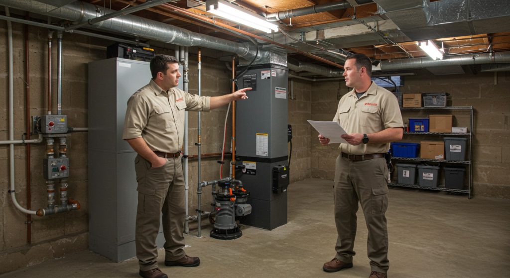 Homeowner discusses sump pump maintenance with plumbing technician in Cleveland basement.