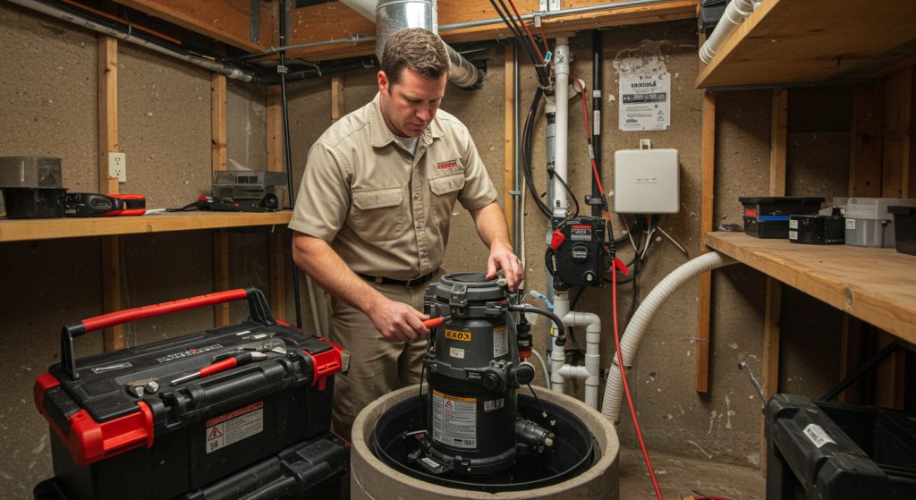 Plumbing technician conducts sump pump maintenance in Cleveland home basement.