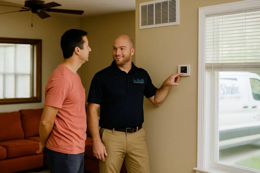 Homeowner reviewing summer AC prep with technician at thermostat in living room