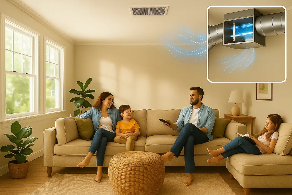 Family in modern living room with fresh air from UV purifier
