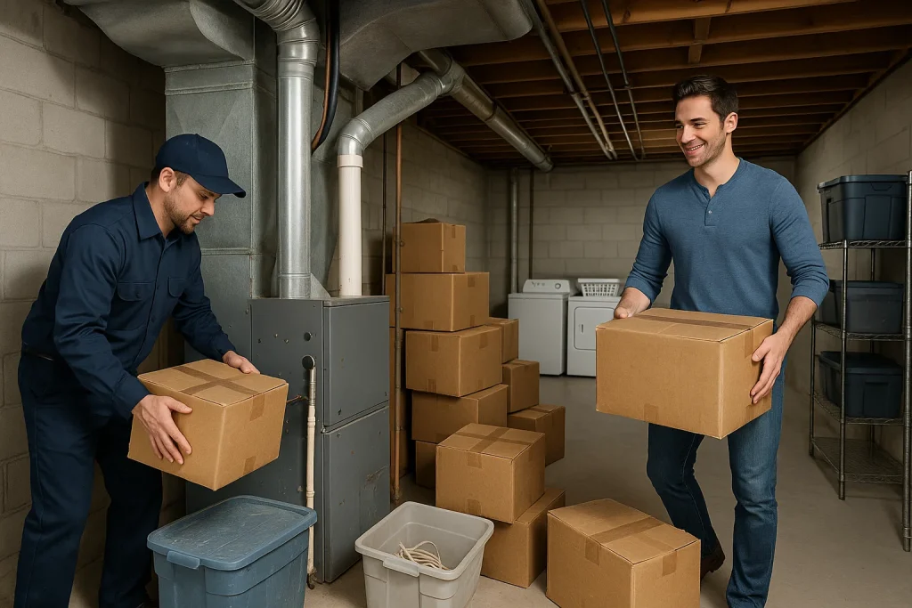 An HVAC and a homeowner clearing boxes from in front of the furnace