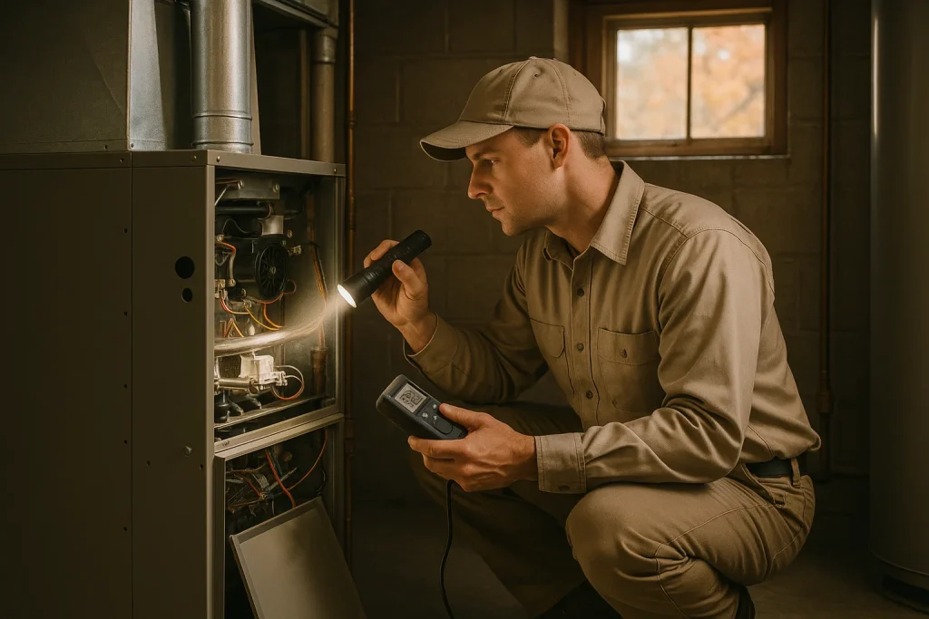 Technician inspects gas furnace safety controls during fall heating maintenance in Willoughby OH