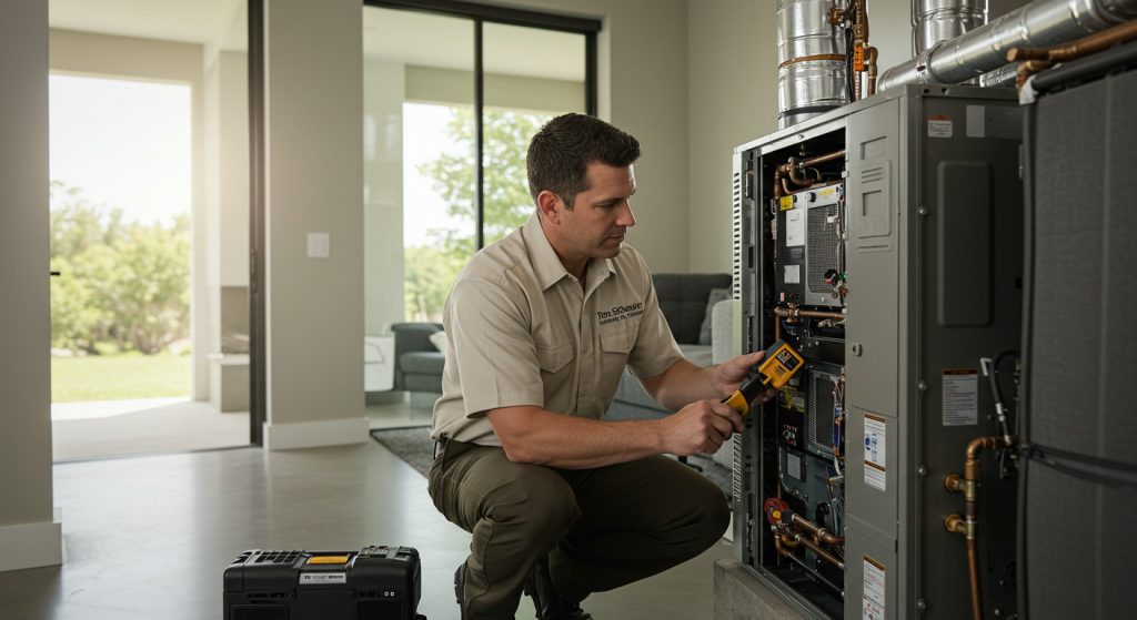 Tom Schaefer Plumbing technician inspecting residential HVAC system.