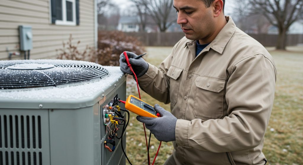 HVAC technician inspecting frosted outdoor heat pump unit.