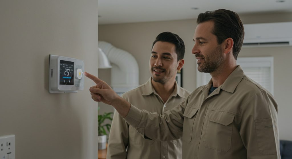 Homeowner adjusting smart thermostat with HVAC technician's assistance.