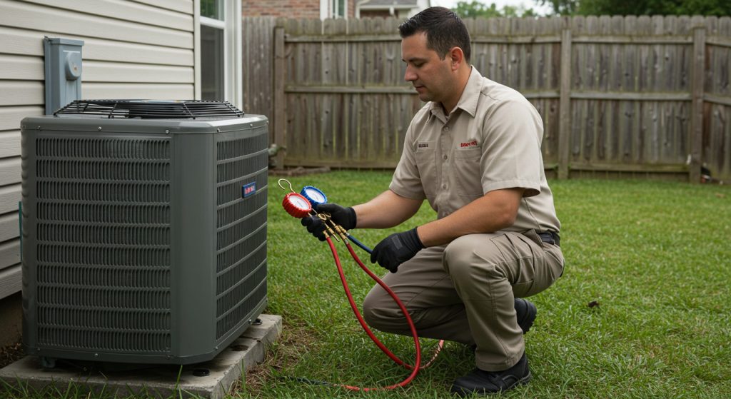 HVAC technician checking refrigerant levels on outdoor AC unit.