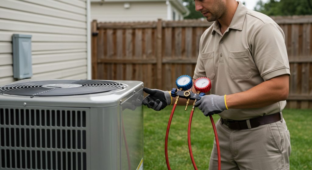 HVAC technician performing routine maintenance on outdoor AC unit.