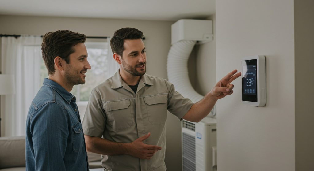 Homeowner discussing HVAC maintenance benefits with technician while adjusting smart thermostat.