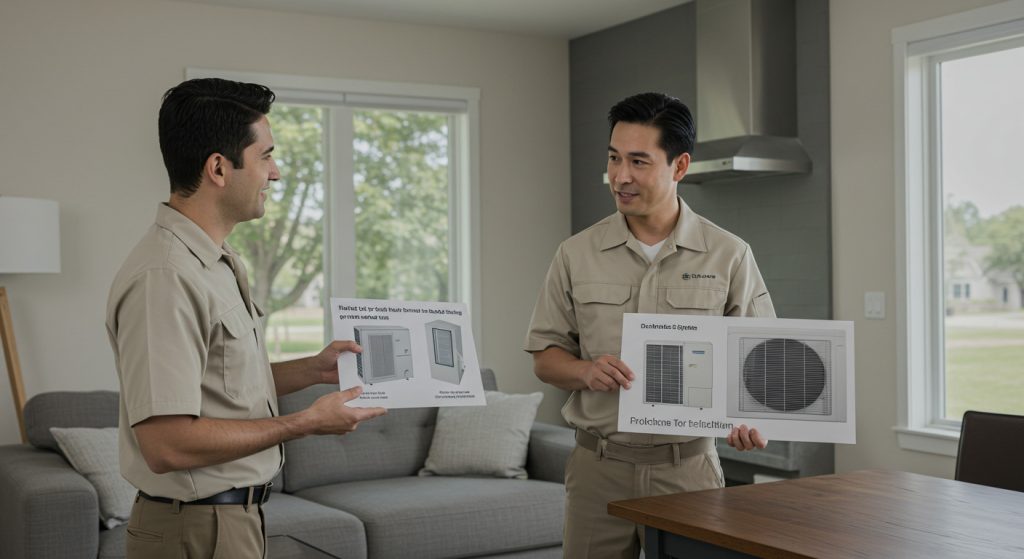 Homeowner consulting with HVAC technician about ductless and traditional heat pump systems.