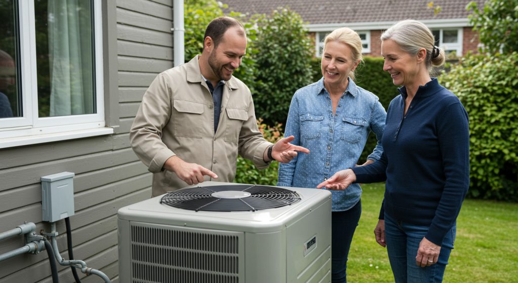 Homeowner discussing heat pump maintenance with HVAC technician.