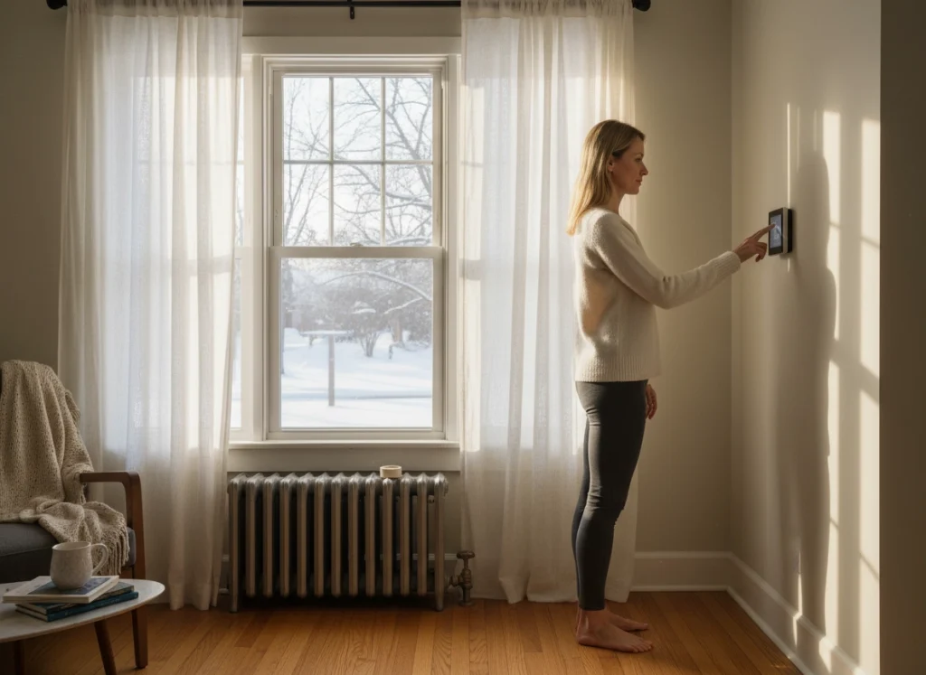 Ohio homeowner adjusting smart thermostat to save on winter heating costs