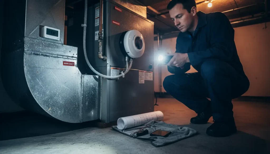 HVAC technician inspecting a furnace and ductwork for moisture-related wear in an Ohio home during a winter maintenance check.