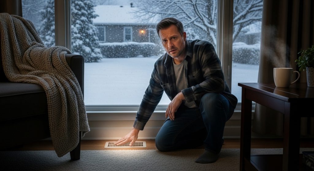 A concerned homeowner touches an air vent, trying to tell if the heat is working. Behind him is a window with a view of a snowy yard.
