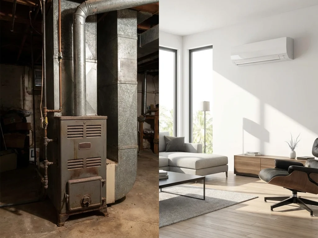 Split screen of a traditional furnace and a mini split.