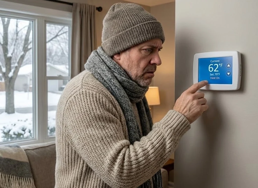 Ohio homeowner checking wall thermostat in cold weather to diagnose potential furnace emergency.