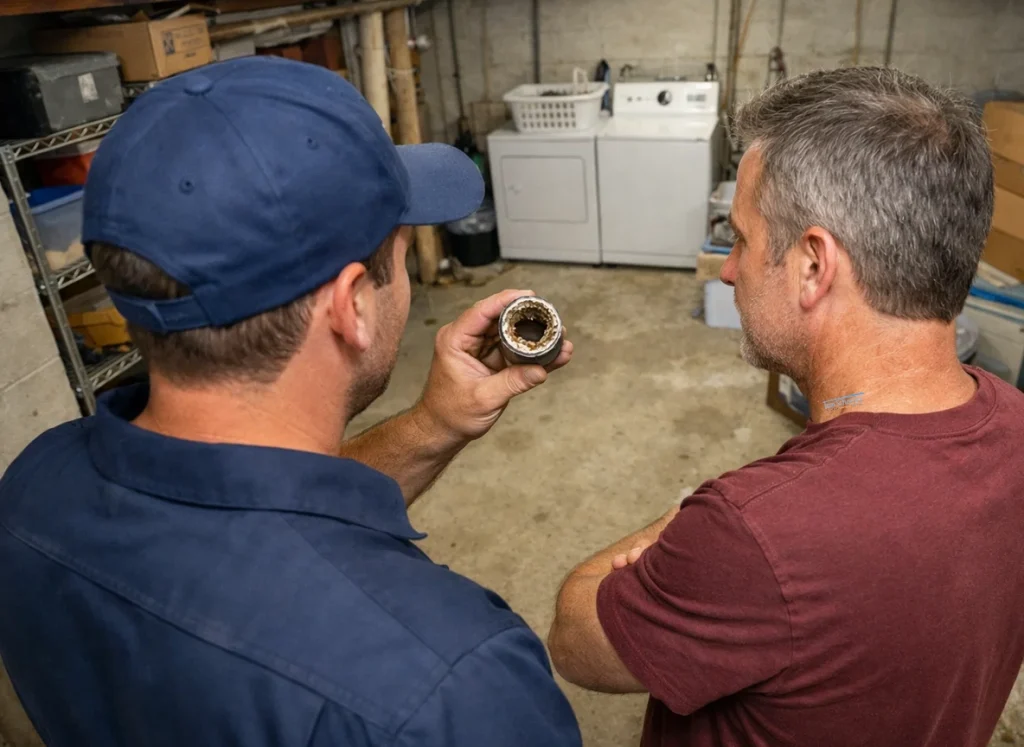 A homeowner and a plumber discussing a clogged water pipe