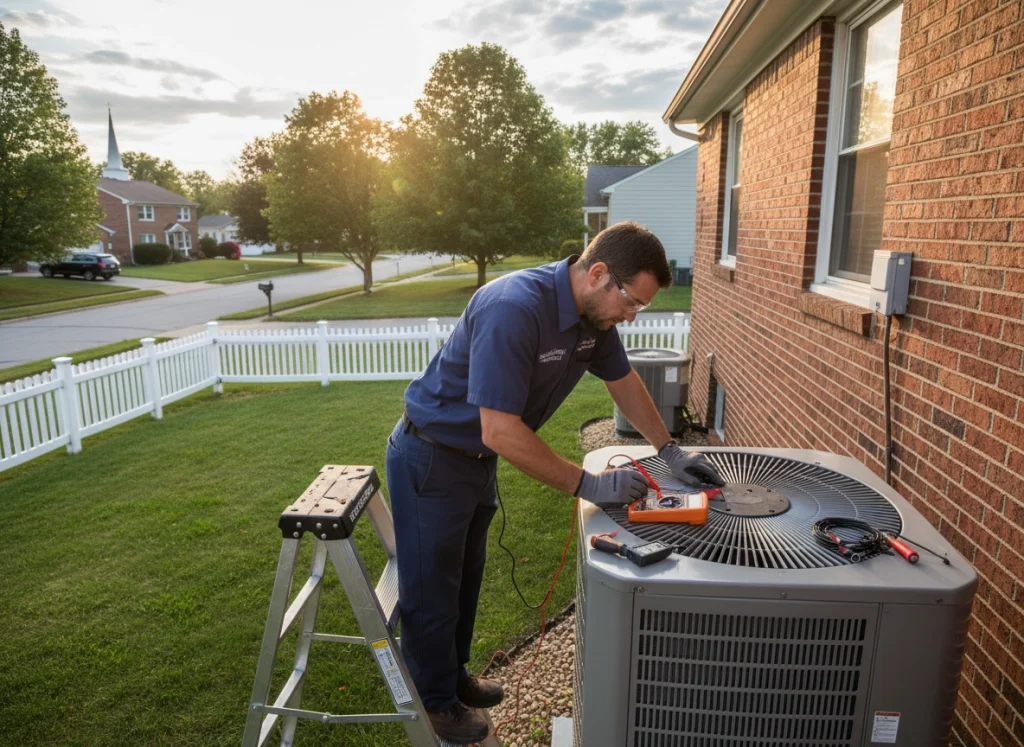 HVAC technician performing seasonal maintenance including coil cleaning refrigerant check and electrical testing