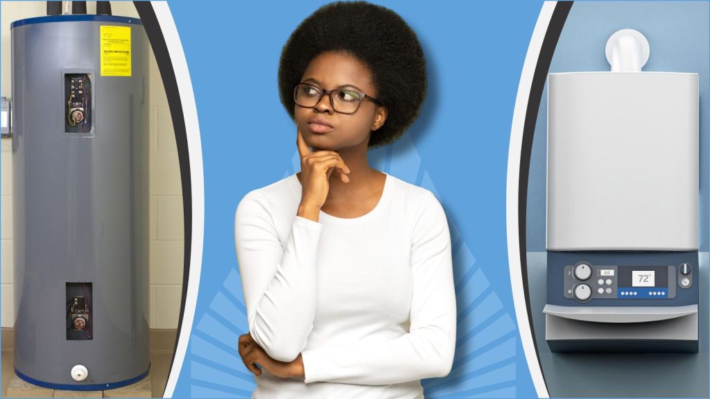 A woman thinking about whether to buy a tankless water heater or a tank water heater.